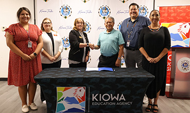 Photo of Lexus Halfred, Redlands student engagement specialist; Jill Burgess, Redlands director of the Native American Serving Non-Tribal Institutions (NASNTI) Part F Grant; Marr; SpottedBird; Lindy Waters, executive director of education for the Kiowa Tribe; and Dr. Toni Tsatoke-Mule, director of the Kiowa Department of Higher Education