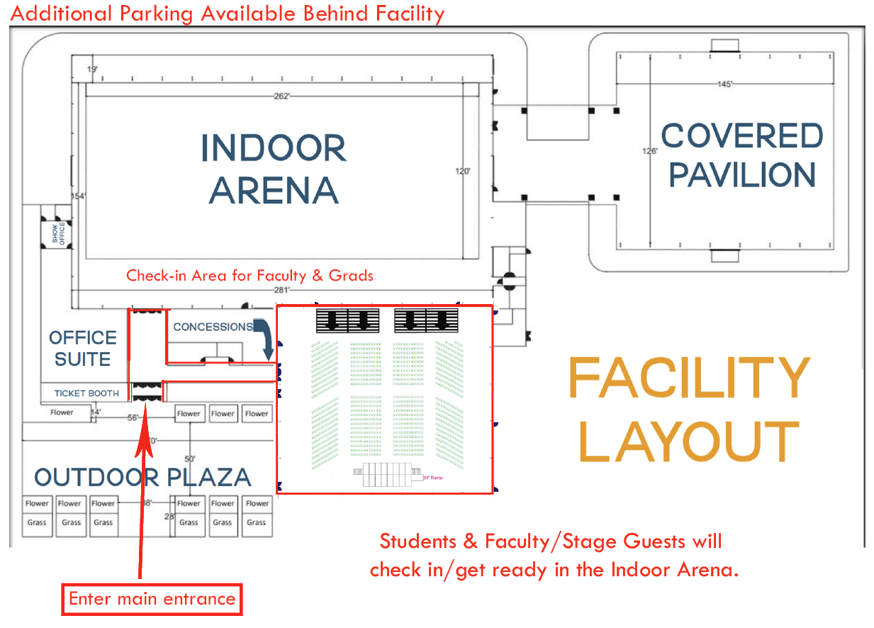 Map of the Expo Center. Graduates enter and go forward to the indoor arena, guests go to the right.