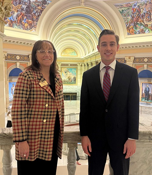 President Jena Marr and Regent Jason Murray stand side by side in the capitol rotunda