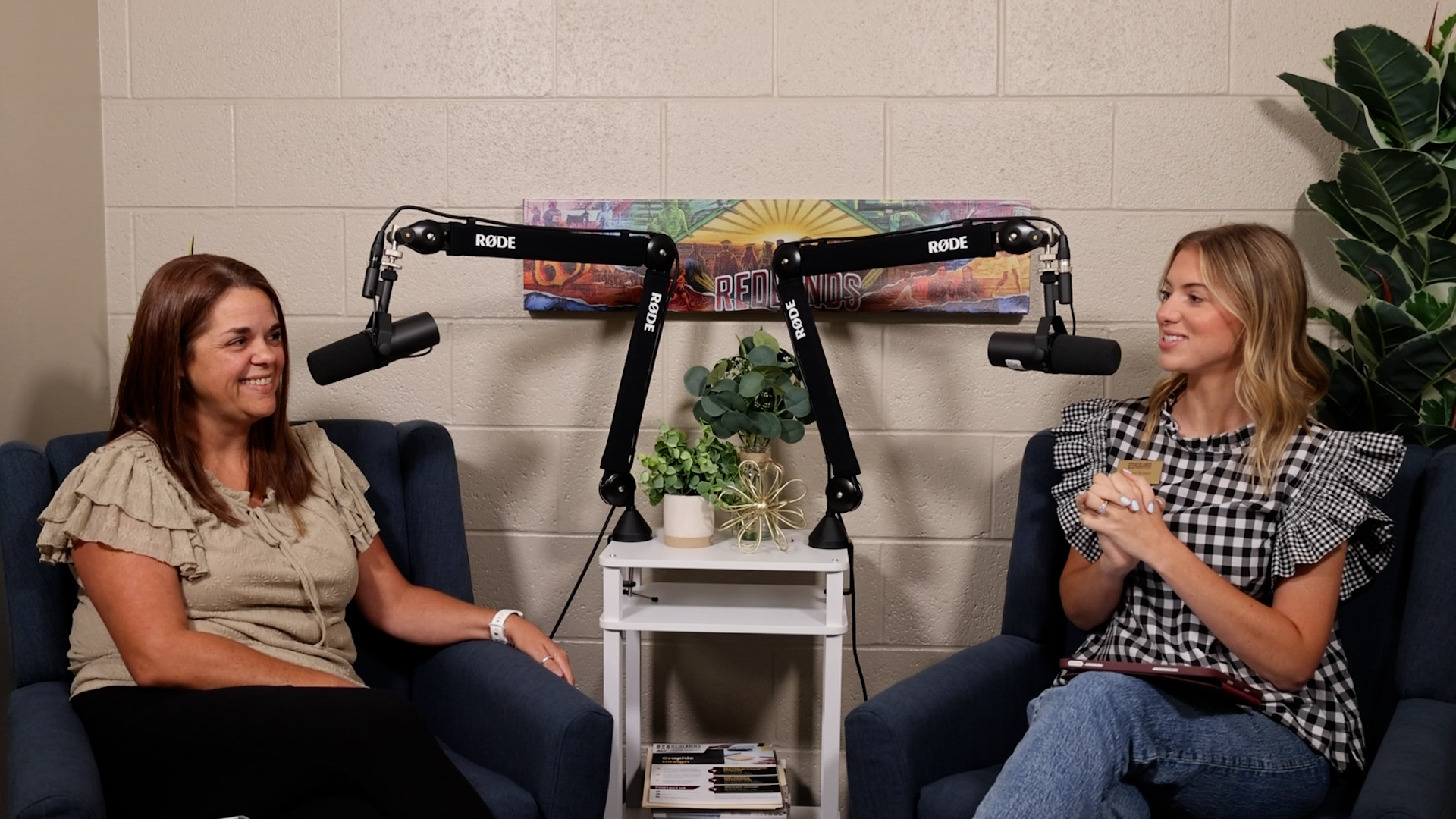 Financial Aid Director, left, and podcast host, right, smile and sit next to microphones