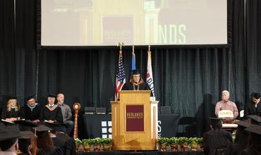 President Jena Marr speaks at the commencement ceremony